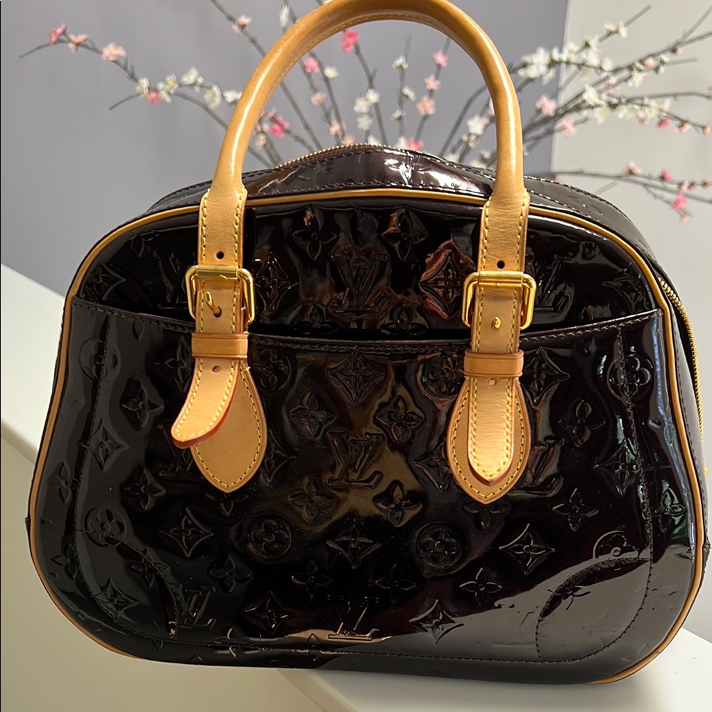 Louis Vuitton Burgandy And Tan Handbag. With Dust Bag. Percent Authentic